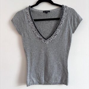 HOLT RENFREW I US S Cashmere Wool Blend Embellished V-Neck Sweater I grey silver